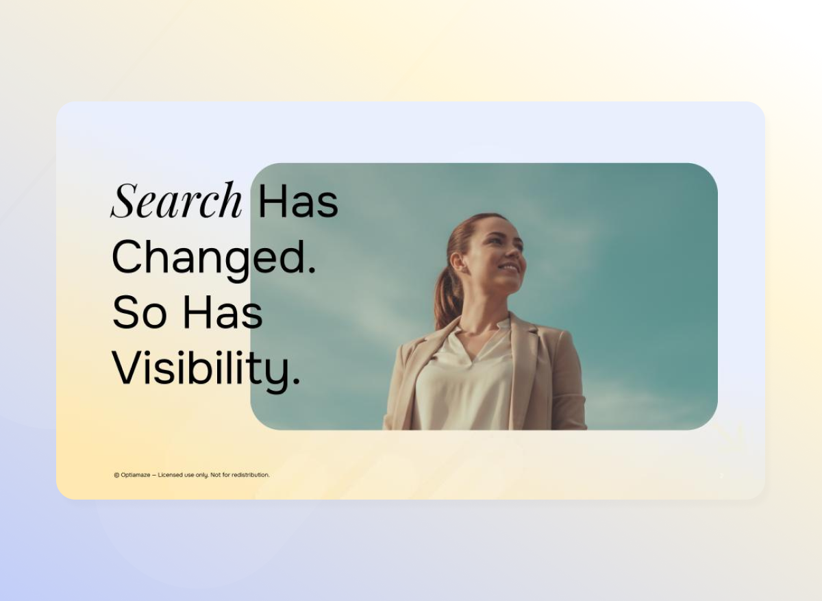 Professional woman looking confident under clear sky with text “Search Has Changed. So Has Visibility.”