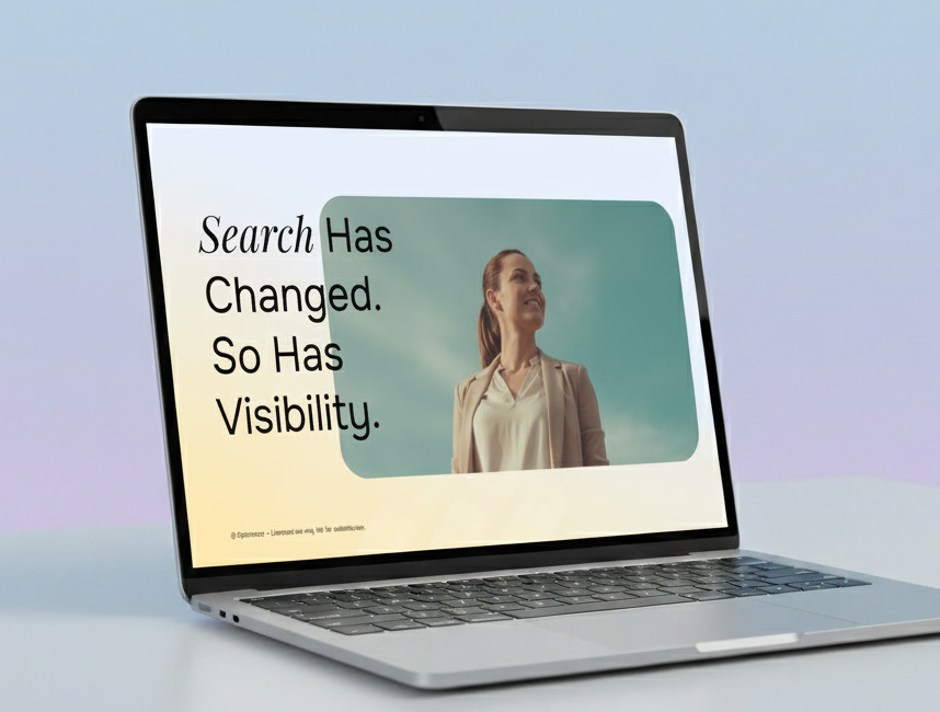 Laptop displaying slide with text “Search Has Changed. So Has Visibility.” on a soft gradient background.