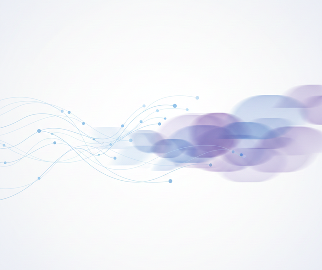 Abstract illustration showing structured data lines blending into soft layered shapes, representing digital visibility and AI-driven synthesis.